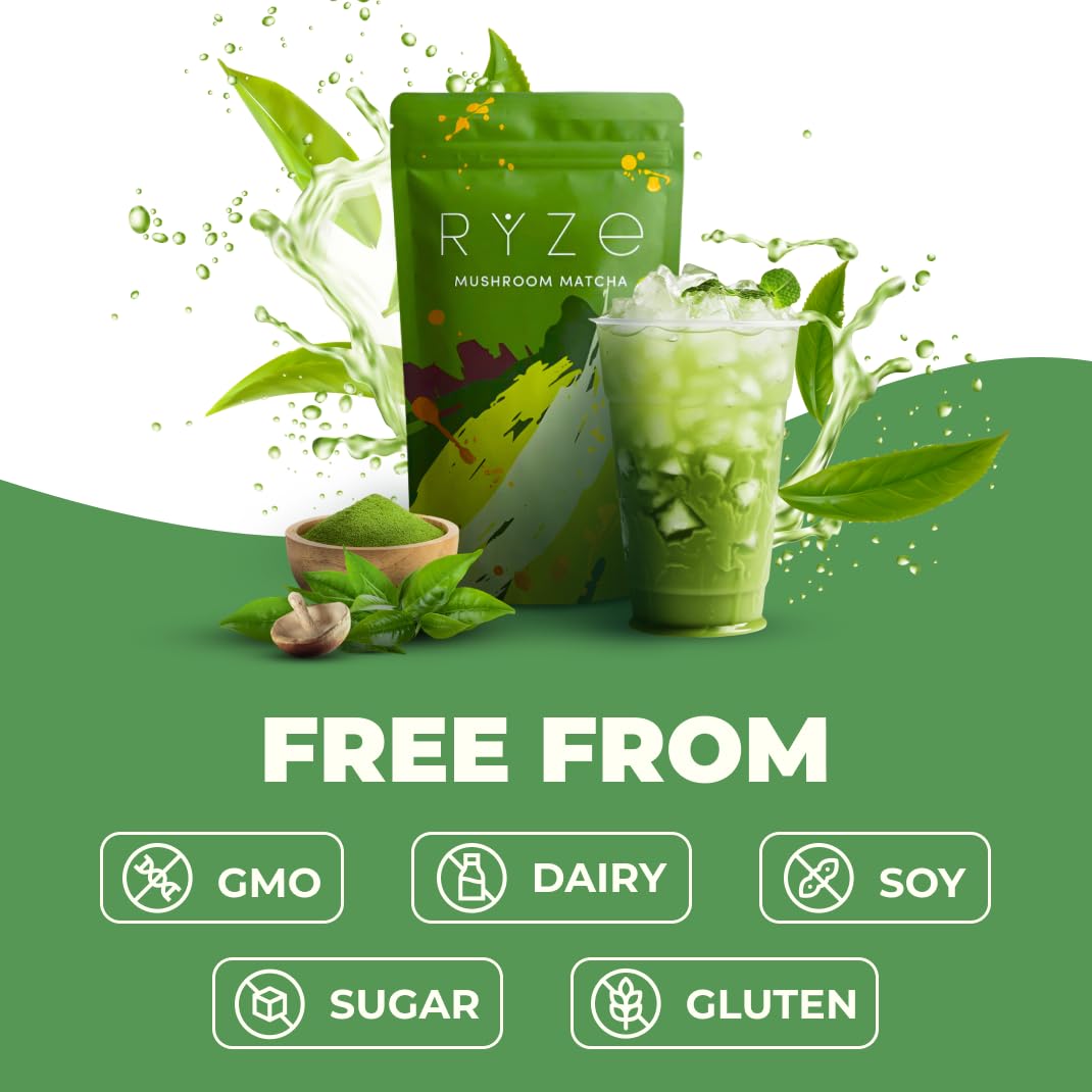 RYZE SUPERFOODS Mushroom Matcha, USDA Organic with 6 Adaptogenic Mushrooms and Ceremonial-Grade Matcha for Energy, Focus, Digestion, Immunity with Turkey Tail, Shiitake, Lion's Mane, 30 servings