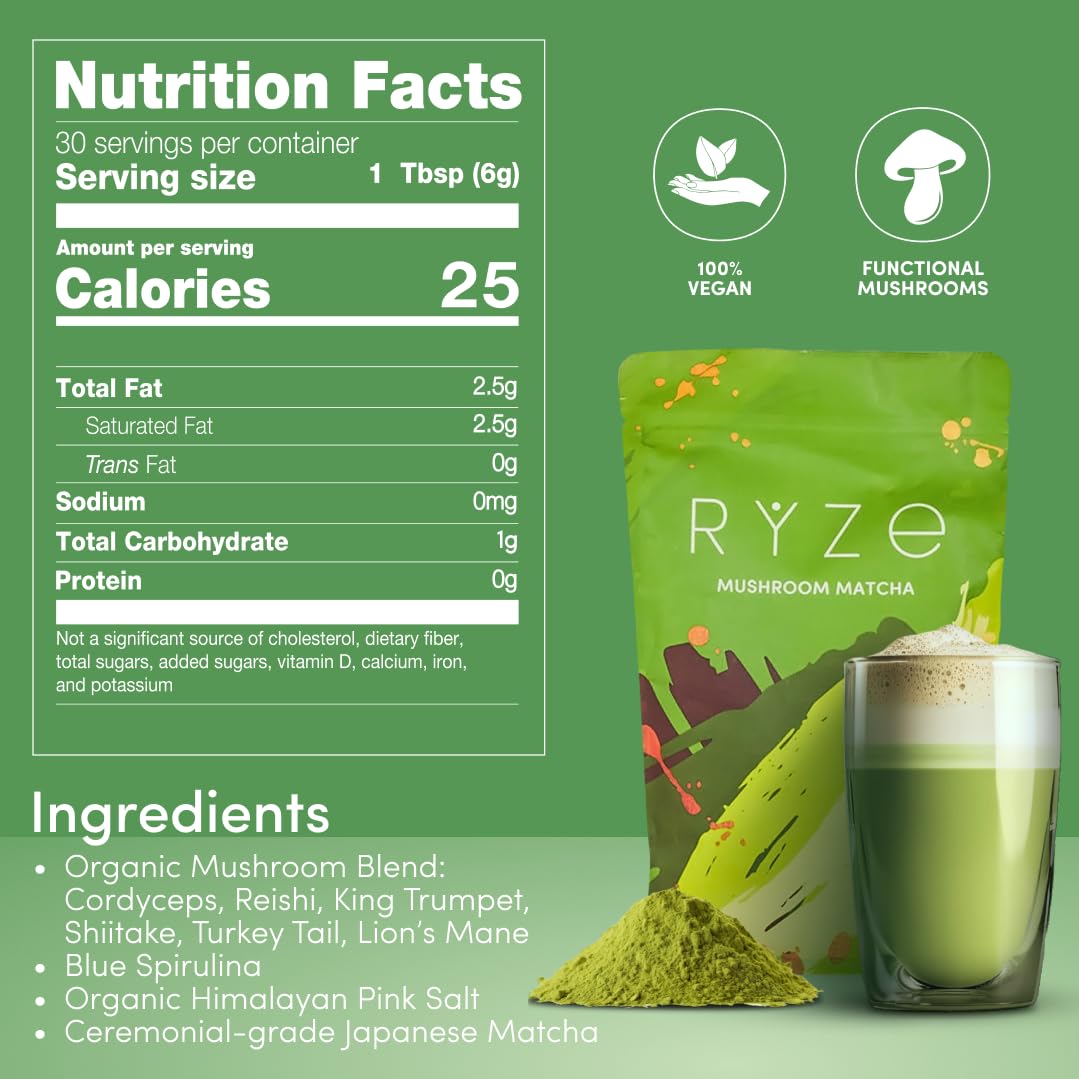 RYZE SUPERFOODS Mushroom Matcha, USDA Organic with 6 Adaptogenic Mushrooms and Ceremonial-Grade Matcha for Energy, Focus, Digestion, Immunity with Turkey Tail, Shiitake, Lion's Mane, 30 servings