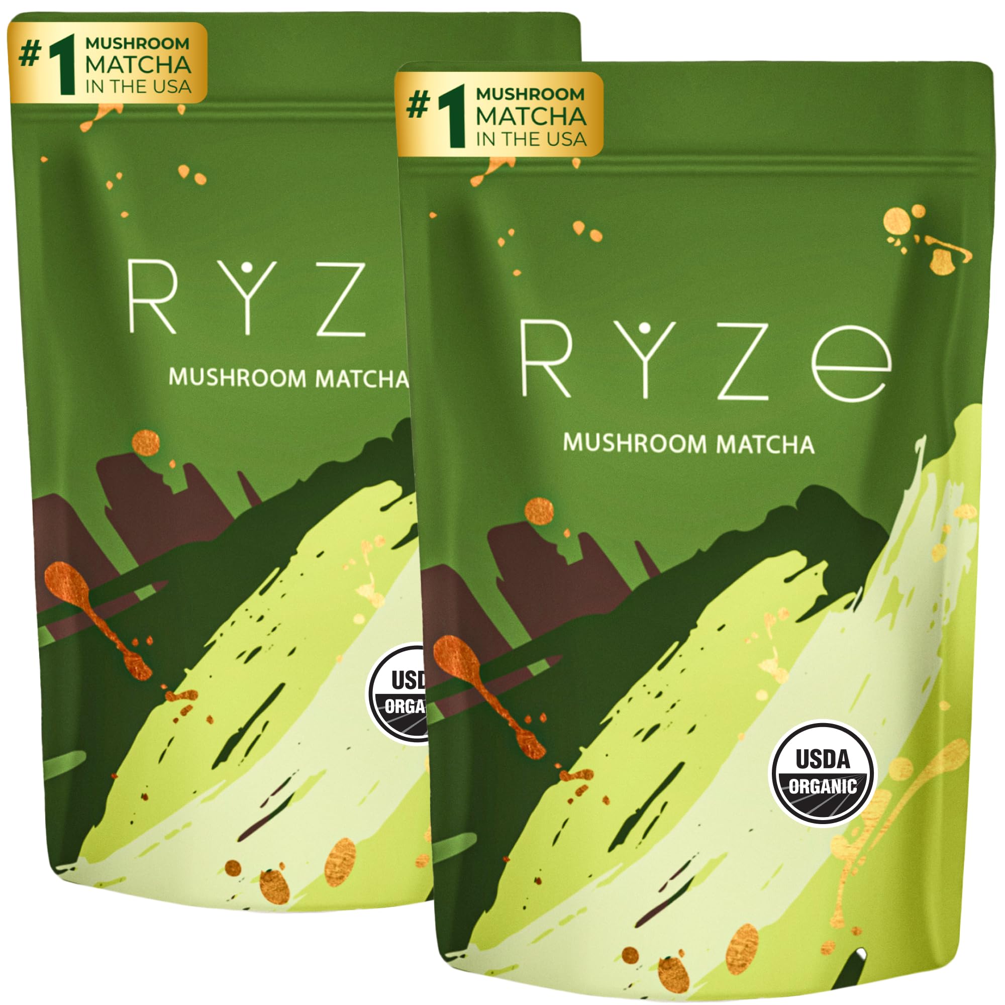RYZE SUPERFOODS Mushroom Matcha, USDA Organic with 6 Adaptogenic Mushrooms and Ceremonial-Grade Matcha for Energy, Focus, Digestion, Immunity with Turkey Tail, Shiitake, Lion's Mane, 30 servings