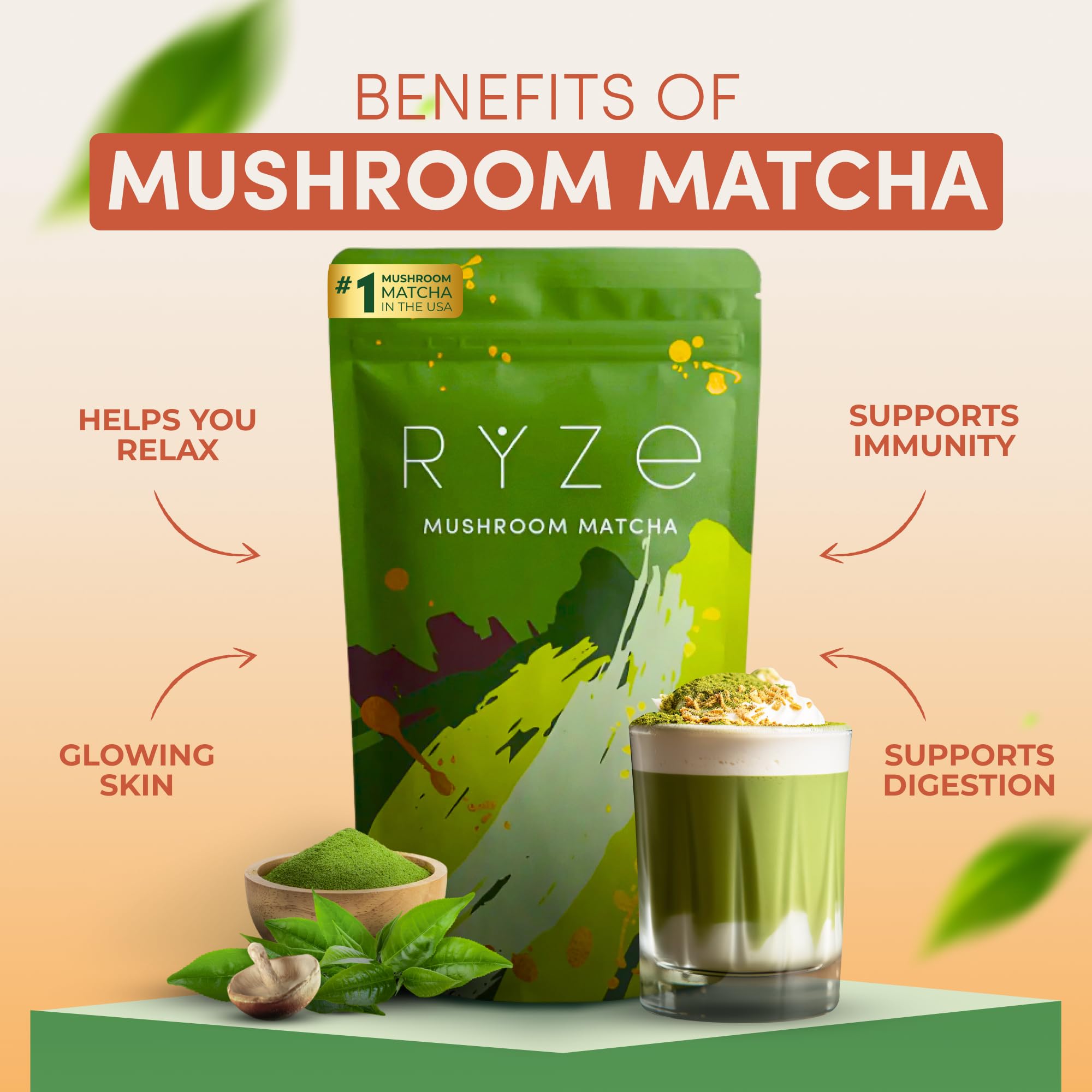 RYZE SUPERFOODS All Day Energy Bundle with Mushroom Coffee + Mushroom Matcha, USDA Organic with 6 Adaptogenic Mushrooms + MCT Oil & Matcha for Better Energy, Focus, Digestion, Immunity, 30+30 serving