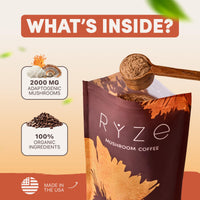 RYZE SUPERFOODS Mushroom Coffee USDA Organic with 6 Adaptogenic Mushrooms and MCT Oil, USA Grown Instant Coffee for Better Energy, Focus, Digestion, Immunity with Lions Mane & Turkey Tail, 30 servings
