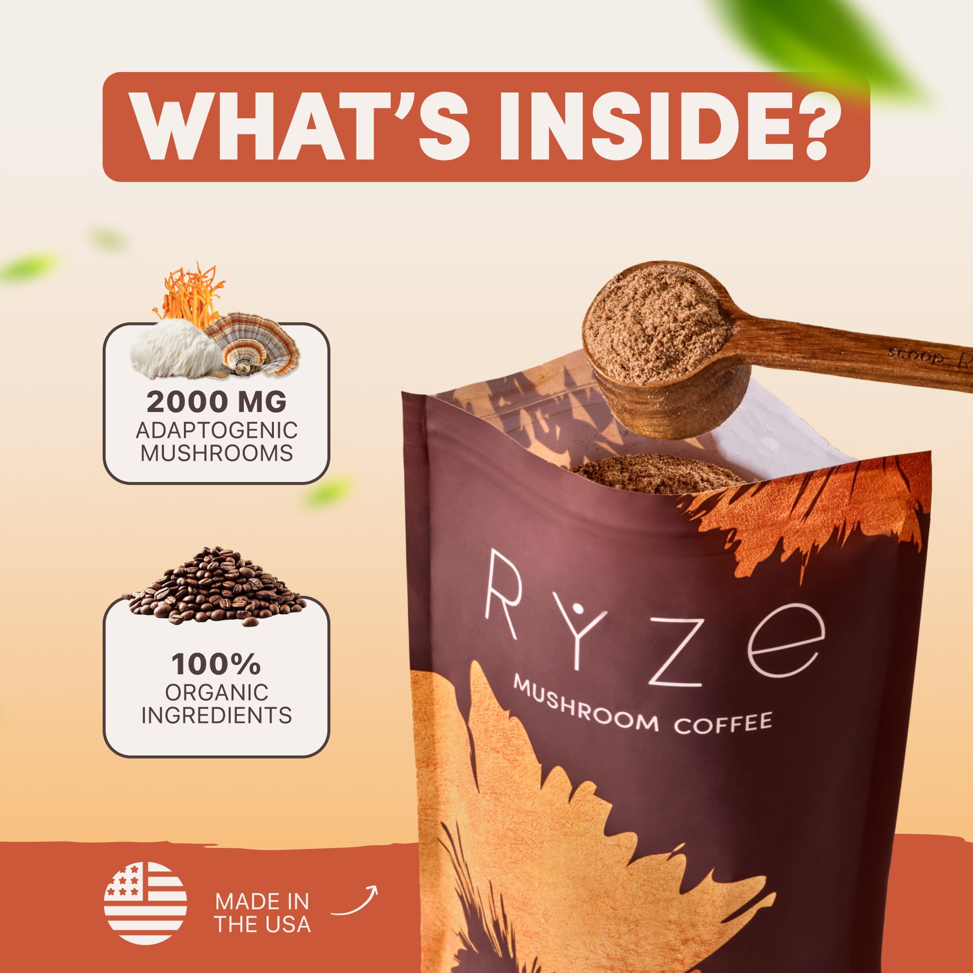 RYZE SUPERFOODS Mushroom Coffee USDA Organic with 6 Adaptogenic Mushrooms and MCT Oil, USA Grown Instant Coffee for Better Energy, Focus, Digestion, Immunity with Lions Mane & Turkey Tail, 30 servings
