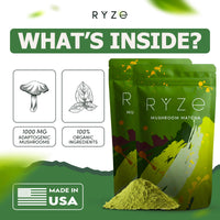 RYZE SUPERFOODS Mushroom Matcha, USDA Organic with 6 Adaptogenic Mushrooms and Ceremonial-Grade Matcha for Energy, Focus, Digestion, Immunity with Turkey Tail, Shiitake, Lion's Mane, 30 servings