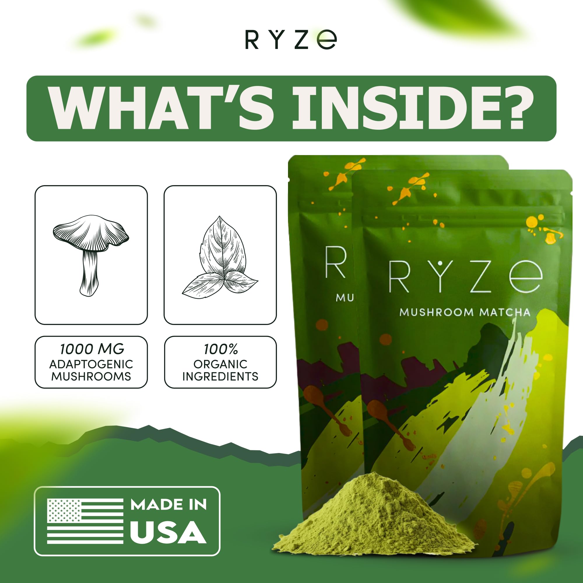 RYZE SUPERFOODS Mushroom Matcha, USDA Organic with 6 Adaptogenic Mushrooms and Ceremonial-Grade Matcha for Energy, Focus, Digestion, Immunity with Turkey Tail, Shiitake, Lion's Mane, 30 servings
