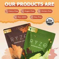 RYZE SUPERFOODS All Day Energy Bundle with Mushroom Coffee + Mushroom Matcha, USDA Organic with 6 Adaptogenic Mushrooms + MCT Oil & Matcha for Better Energy, Focus, Digestion, Immunity, 30+30 serving