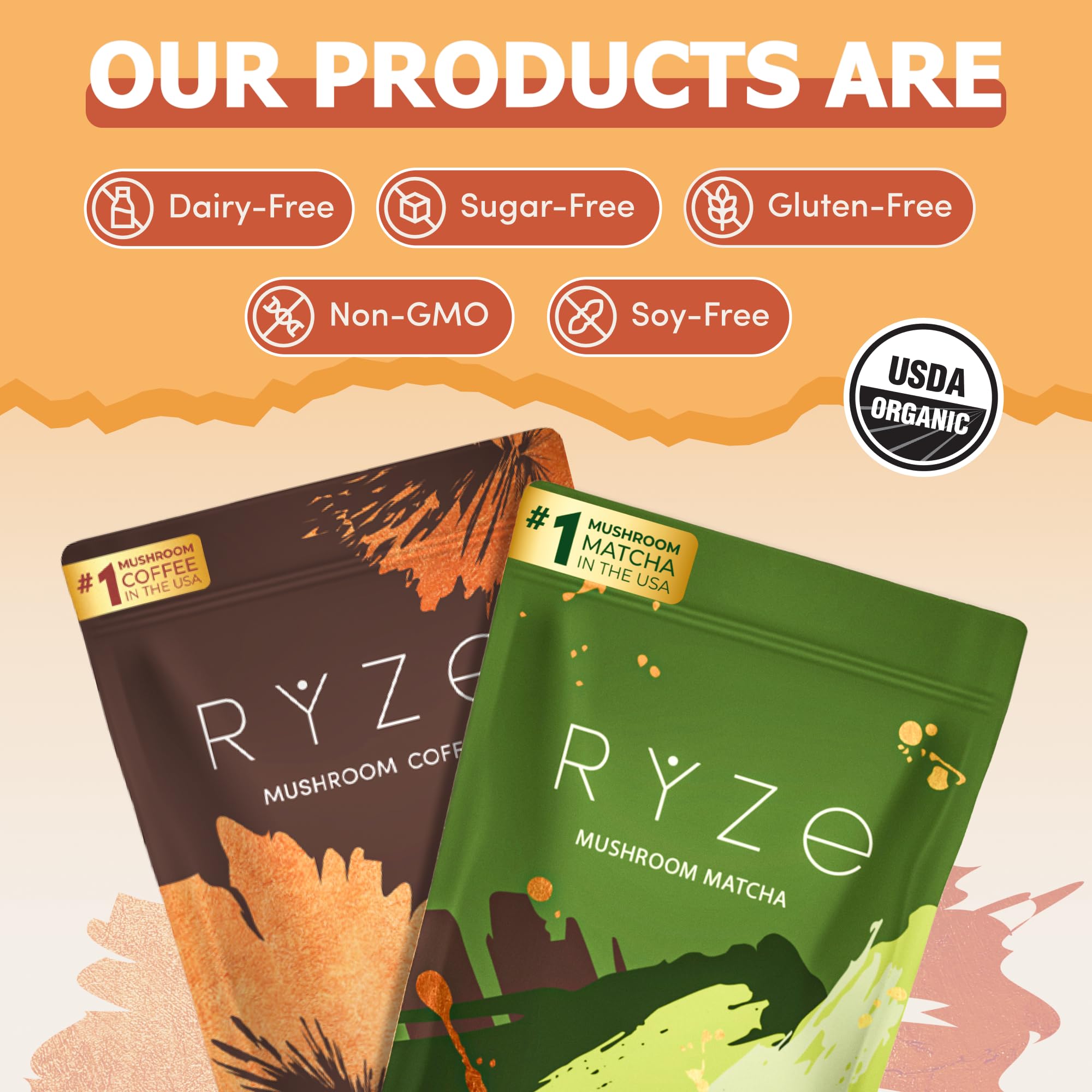 RYZE SUPERFOODS All Day Energy Bundle with Mushroom Coffee + Mushroom Matcha, USDA Organic with 6 Adaptogenic Mushrooms + MCT Oil & Matcha for Better Energy, Focus, Digestion, Immunity, 30+30 serving