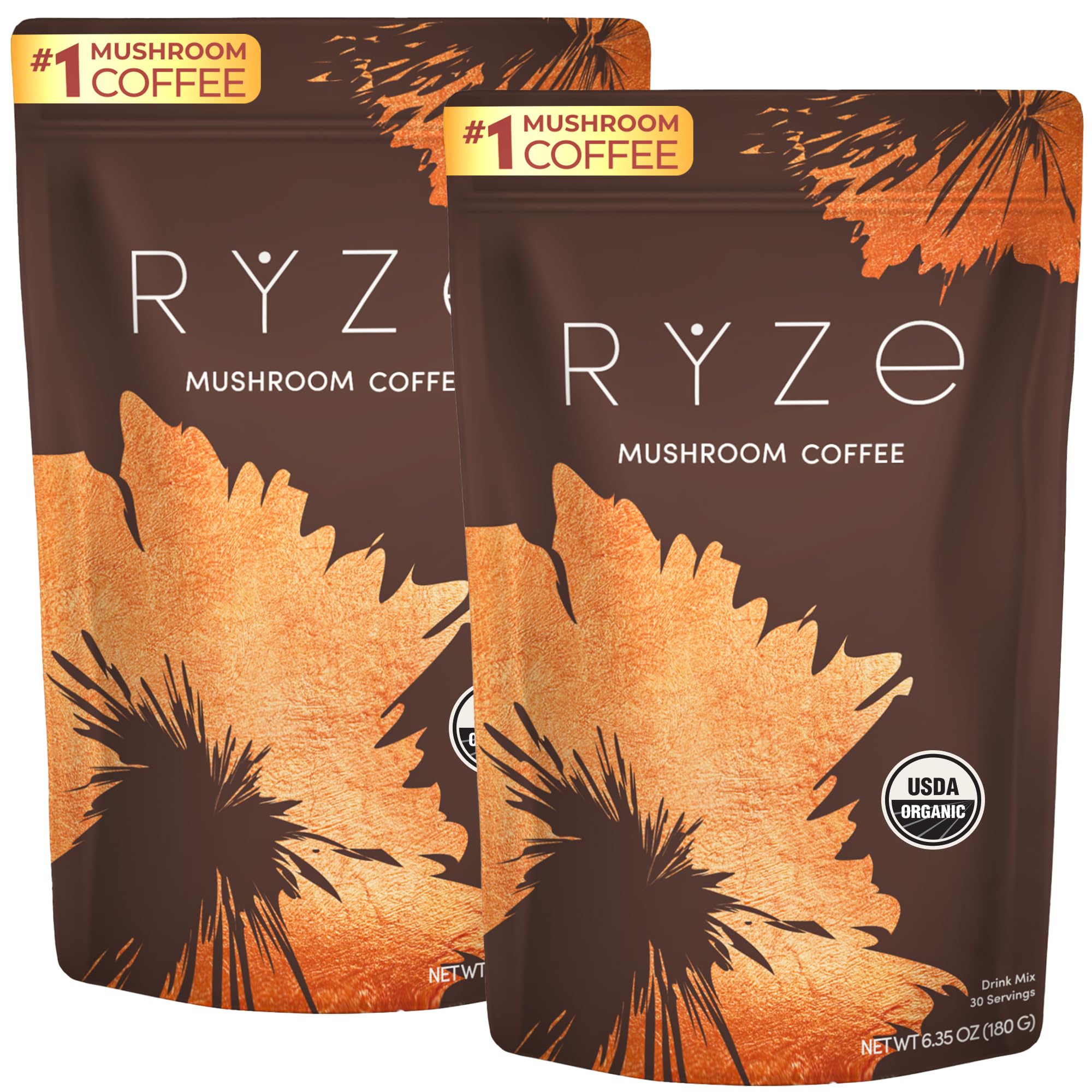 RYZE SUPERFOODS Mushroom Coffee USDA Organic with 6 Adaptogenic Mushrooms and MCT Oil, USA Grown Instant Coffee for Better Energy, Focus, Digestion, Immunity with Lions Mane & Turkey Tail, 30 servings