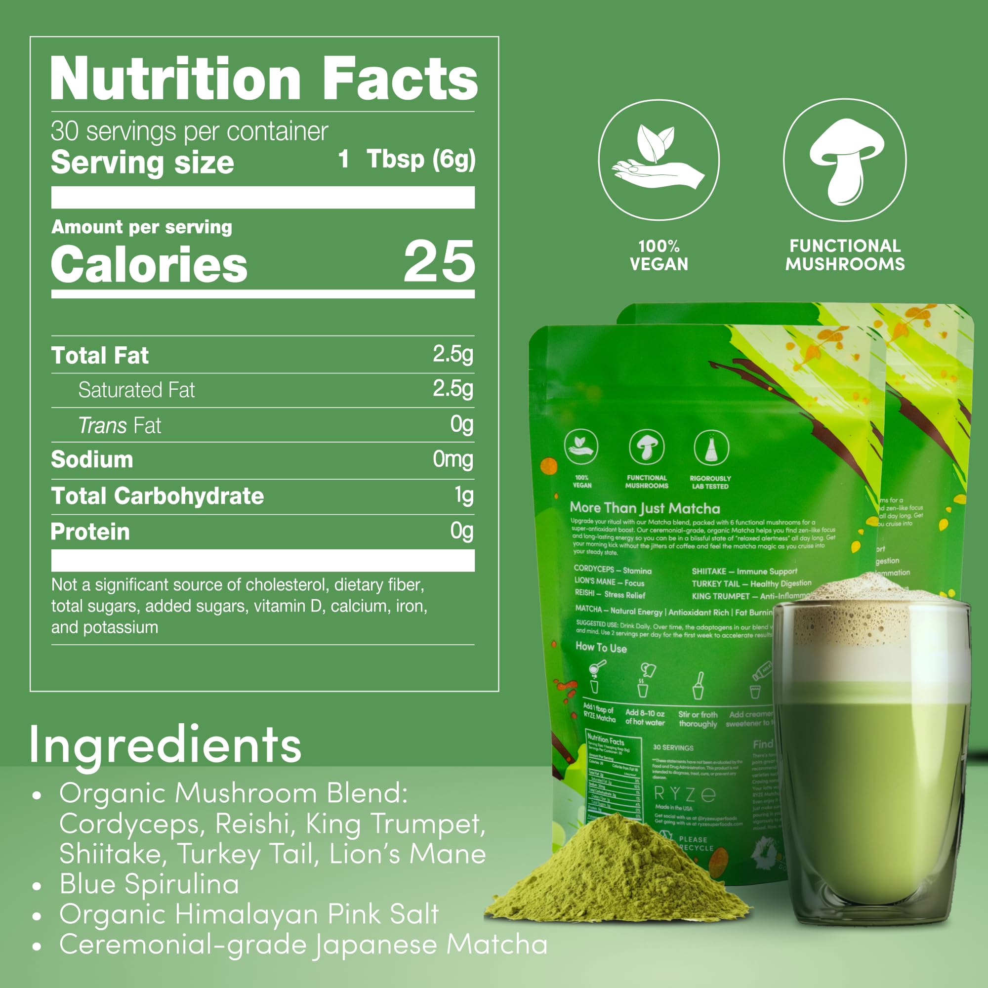 RYZE SUPERFOODS Mushroom Matcha, USDA Organic with 6 Adaptogenic Mushrooms and Ceremonial-Grade Matcha for Energy, Focus, Digestion, Immunity with Turkey Tail, Shiitake, Lion's Mane, 30 servings