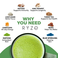 RYZE SUPERFOODS Mushroom Matcha, USDA Organic with 6 Adaptogenic Mushrooms and Ceremonial-Grade Matcha for Energy, Focus, Digestion, Immunity with Turkey Tail, Shiitake, Lion's Mane, 30 servings