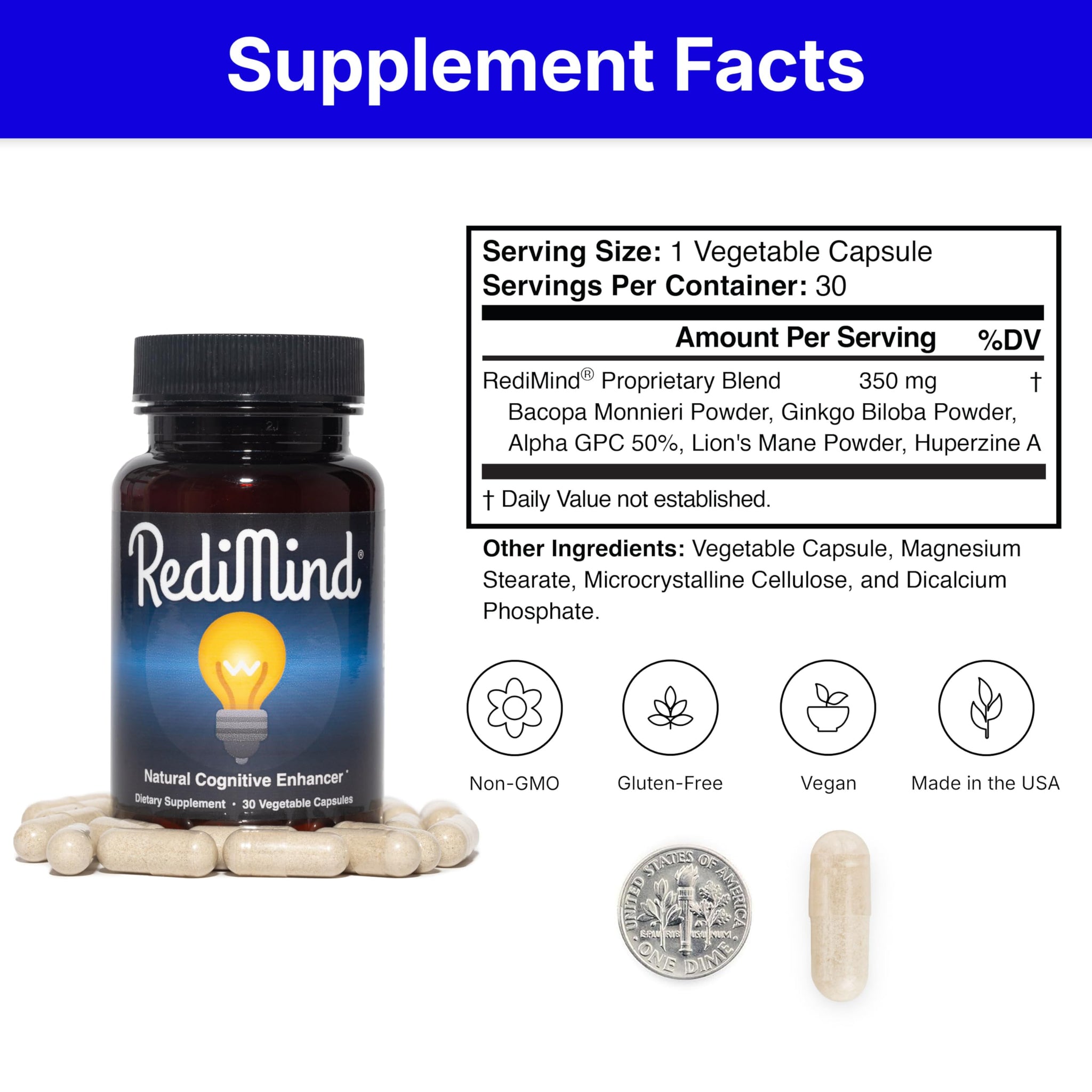 RediMind - Natural Cognitive Enhancement Supplement Capsule - Non-GMO, Vegan, Gluten-Free