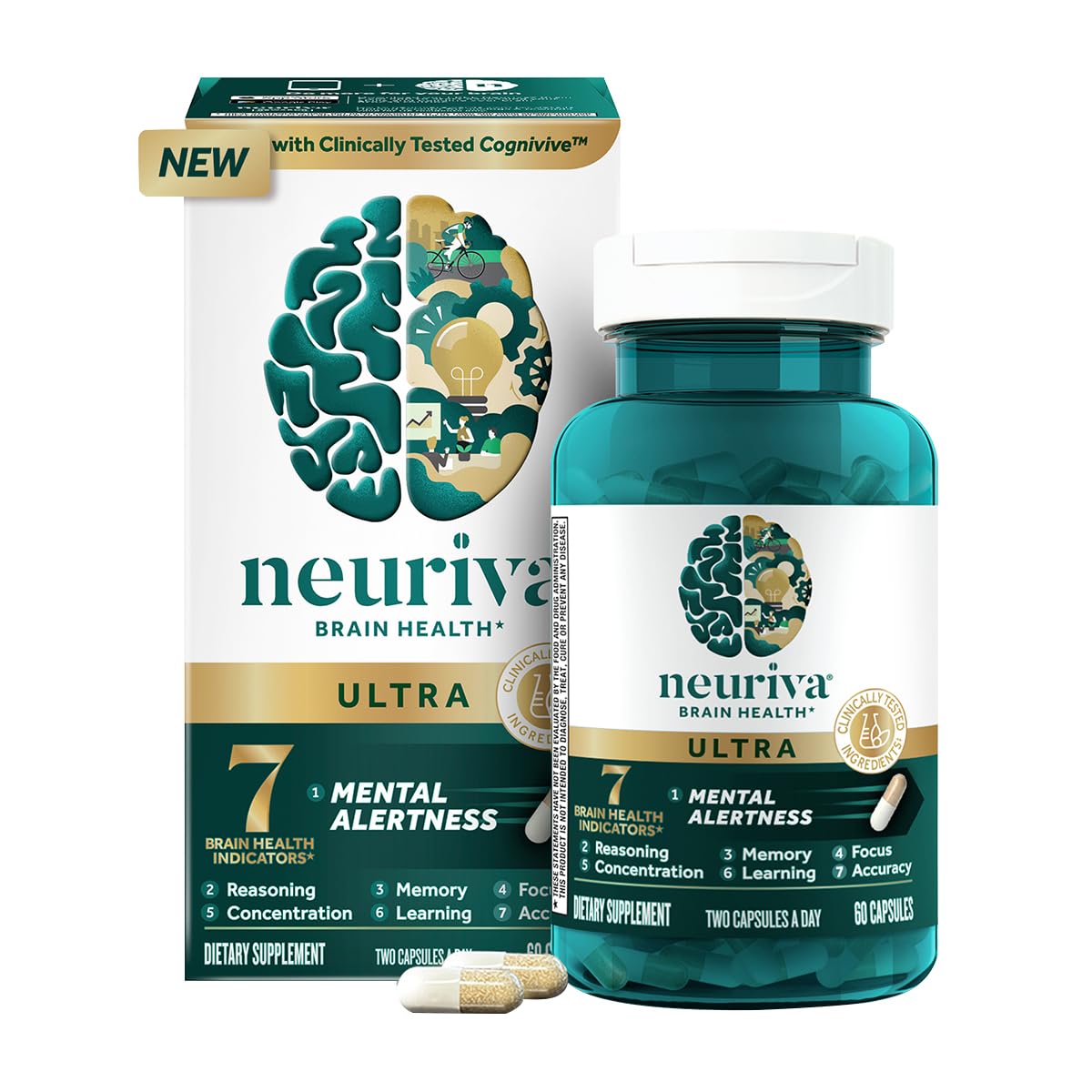 NEURIVA Ultra Decaffeinated Clinically Tested Nootropic Brain Supplement for Mental Alertness, Memory, Focus & Concentration, Cognivive, Neurofactor, Phosphatidylserine, Vitamins B6 B12, 60 Capsules