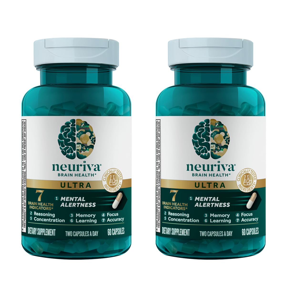 NEURIVA Ultra Decaffeinated Clinically Tested Nootropic Brain Supplement for Mental Alertness, Memory, Focus & Concentration, Cognivive, Neurofactor, Phosphatidylserine, Vitamins B6 B12, 60 Capsules