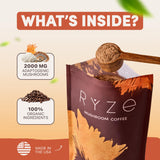 RYZE SUPERFOODS Mushroom Coffee USDA Organic with 6 Adaptogenic Mushrooms and MCT Oil, USA Grown Instant Coffee for Better Energy, Focus, Digestion, Immunity with Lions Mane & Turkey Tail, 30 servings