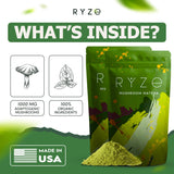 RYZE SUPERFOODS Mushroom Matcha, USDA Organic with 6 Adaptogenic Mushrooms and Ceremonial-Grade Matcha for Energy, Focus, Digestion, Immunity with Turkey Tail, Shiitake, Lion's Mane, 30 servings